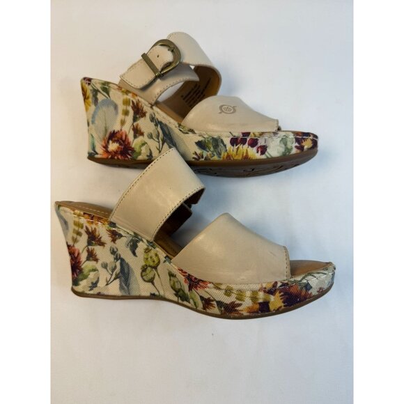 Born Wedge Sandal Womens Size 7M Off White Leather Floral Print Open Toe Shoes - Picture 7 of 12